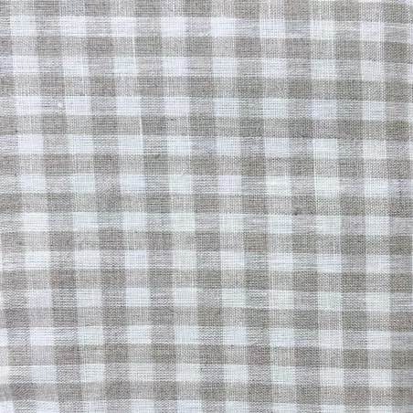 Tessuto 100% Lino, Tinto in Filo Beige e Bianco a Quadri Medi