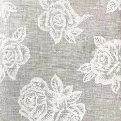 Tessuto 100% Lino, Beige con Grandi Rose Bianche