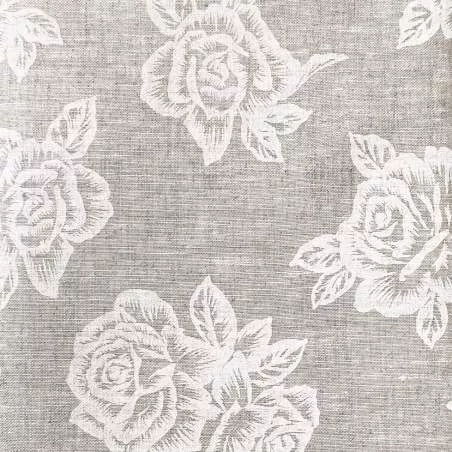 Tessuto 100% Lino, Beige con Grandi Rose Bianche