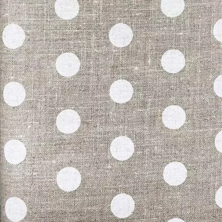 Tessuto 100% Lino, Beige con Pois Bianchi Grandi