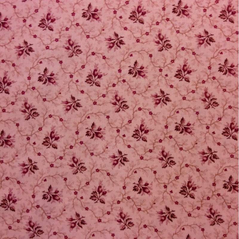 Clothworks Daphne, Tessuto Rosa con Fiori Bordeaux