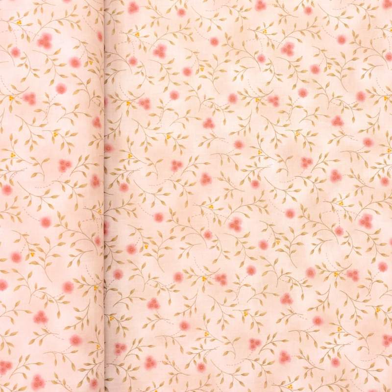 Handworks, Tessuto Beige rosato con Rami Verdi e Fiori Rossi Sojitz Fashion - 1 Handworks, Tessuto Beige rosato con Rami Verdi e Fiori Rossi Sojitz Fashion - 1