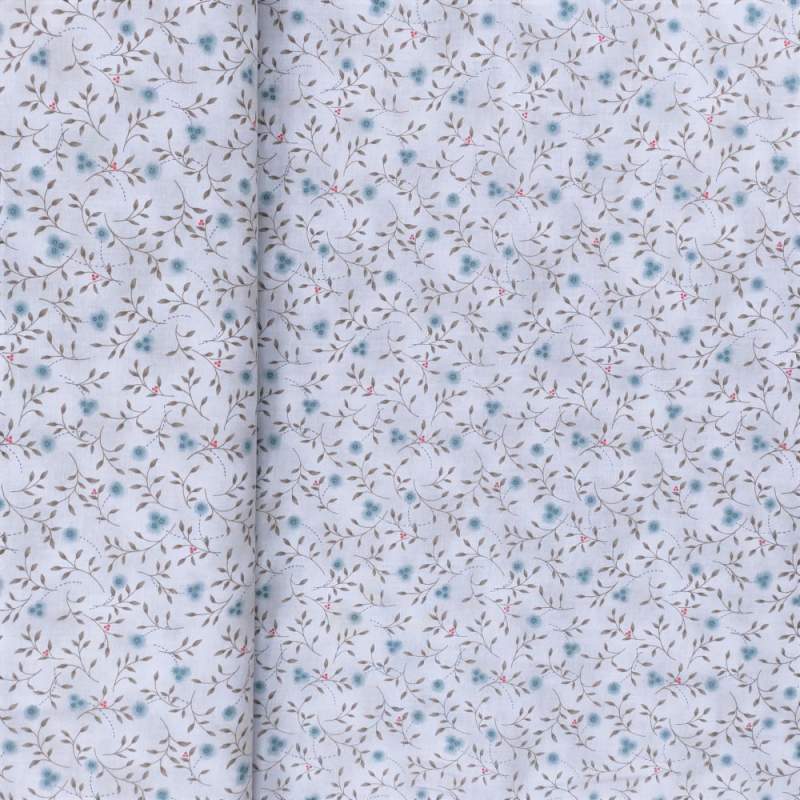 Handworks, Tessuto Azzurro con Rami Verdi e Fiori Bluette