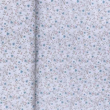 Handworks, Tessuto Azzurro con Rami Verdi e Fiori Bluette