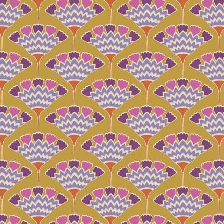 Tilda Pie in the Sky Tasselflower Mustard- Tessuto Fondo Giallo Mostarda e Millefiori Lilla