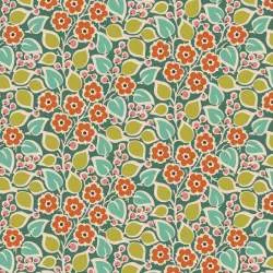folto motivo Floreale Arancione con bacche salmone e foglioline verde acqua e verde acido Tilda Fabrics - 1