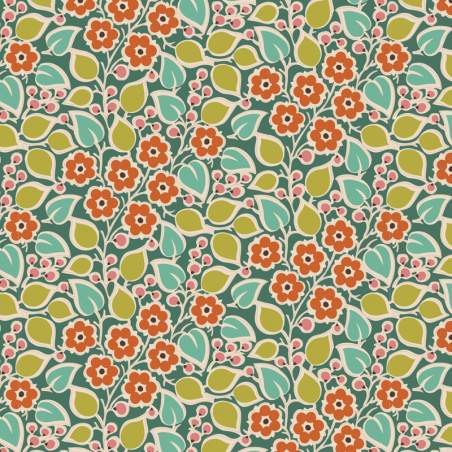 folto motivo Floreale Arancione con bacche salmone e foglioline verde acqua e verde acido Tilda Fabrics - 1