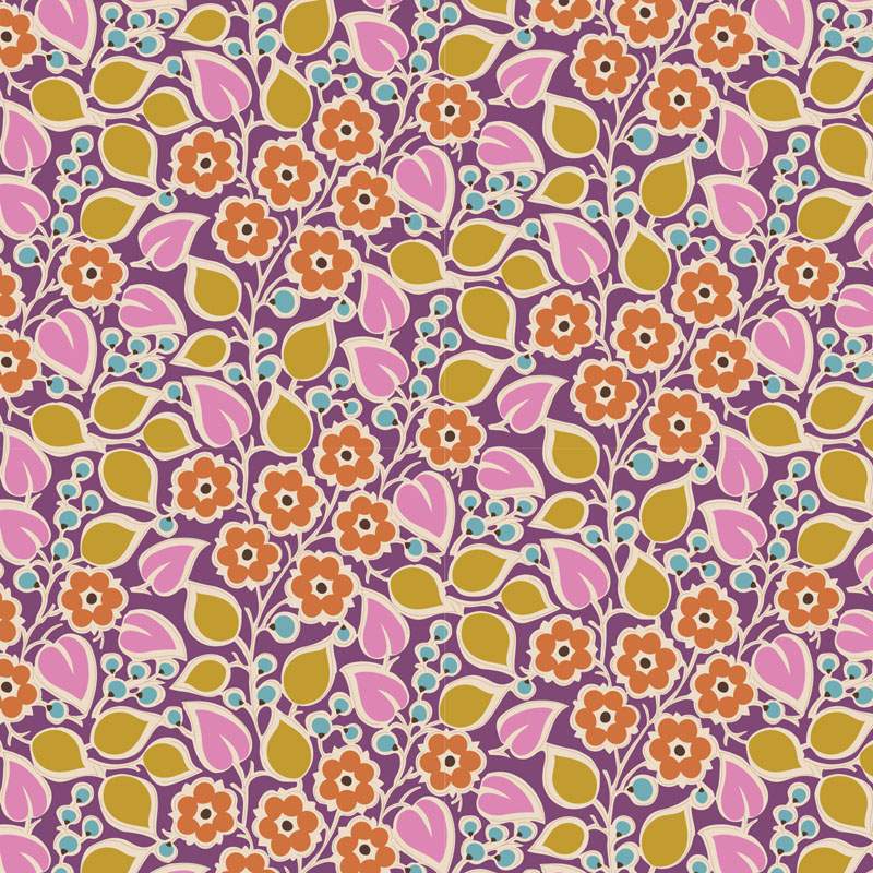 Tilda Pie in the Sky TopsyTurvy Plum- Tessuto Fondo Viola con folto motivo Floreale Arancione con bacche azzurre Tilda Fabrics - Tilda Pie in the Sky TopsyTurvy Plum- Tessuto Fondo Viola con folto motivo Floreale Arancione con bacche azzurre Tilda Fabrics -
