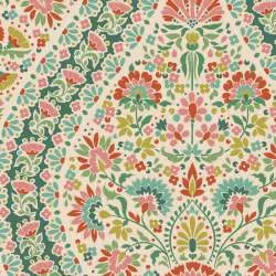 Tilda Pie in the Sky Whimsybird Pine- Tessuto Fondo Panna con stravagante motivo Floreale predominante Verde