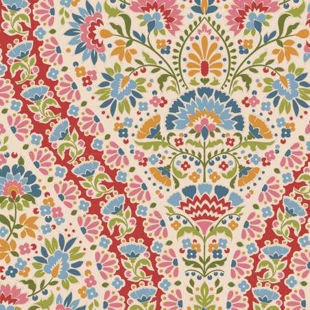 Tilda Pie in the Sky Whimsybird Red- Tessuto Fondo Panna con stravagante motivo Floreale predominante Arancione