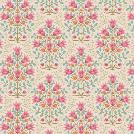 Tilda Windy Days Breeze Pink, Tessuto Panna con Fiori Rosa e Foglie Azzurre