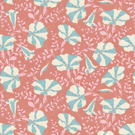 Tilda Gardenlife Striped, Tessuto Corallo con Petunie