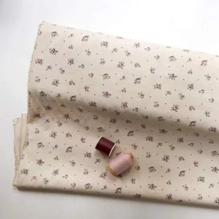 Tessuto misto Lino/Cotone naturale con fiorellini viola - h 150 cm - Yuwa Live Life