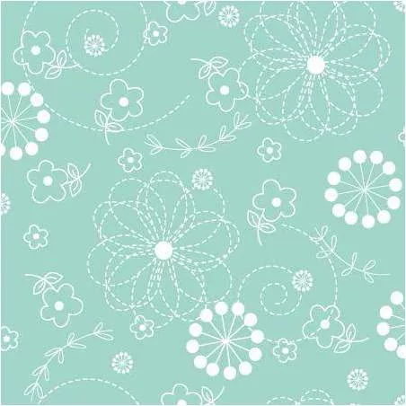 Maywood Studio 108 Wide Back Teal Doodles, Tessuto per Retro Quilt Verde Acqua con Ghirigori e fiori in bianco
