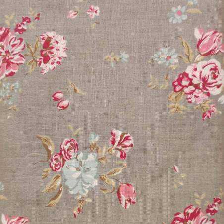 Tessuto Tortora con Rose Rosse e Fiori Azzurri - Padstow Range, Moda Fabrics