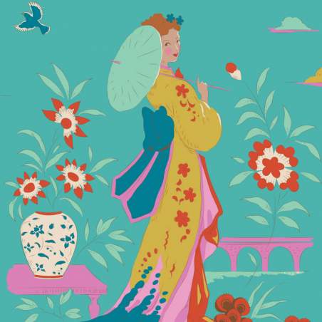 Tilda Bloomsville Garden Vista Turquoise - Tessuto Turchese con donne giapponesi Tilda Fabrics - 1