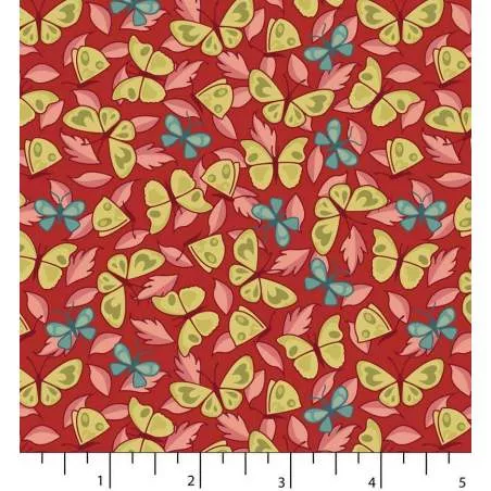 Tessuto Rosso Cinorrodo con Fiori e Farfalle - EQP Back & Forth, Butterflies Rosehip