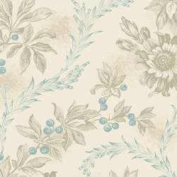 Cocoa Blue Ruscus Cream, tessuto crema con fiori azzurri e tortora- Edyta Sitar Andover - 1