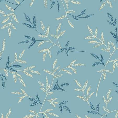 Cocoa Blue Juniper Slate Blue, tessuto azzurro con rametti crema- Edyta Sitar Andover Fabrics - 1