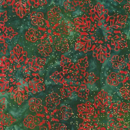 Artisan Batiks: Christmastime Holly, Tessuto Verde con Fiocchi di Neve Rossi - Robert Kaufman