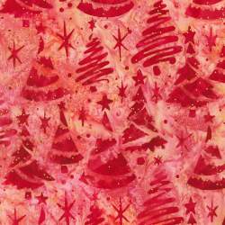 Artisan Batiks: Christmastime Strawberry, Tessuto Rosso Fragola con Alberi di Natale - Robert Kaufman