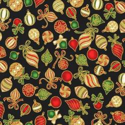Holiday Charms Black, Tessuto Nero con Palline di Natale - Robert Kaufman