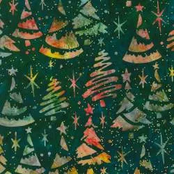 Artisan Batiks: Christmastime Forest, Tessuto Verde Foresta con Alberi di Natale - Robert Kaufman