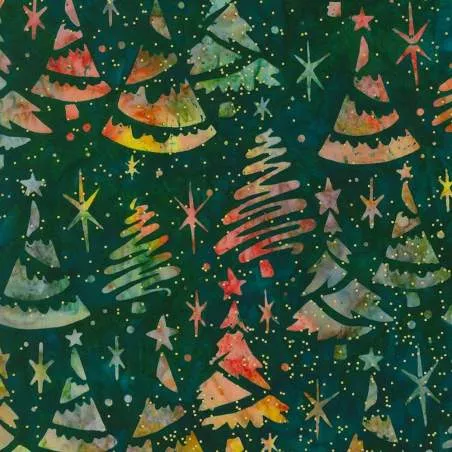 Artisan Batiks: Christmastime Forest, Tessuto Verde Foresta con Alberi di Natale - Robert Kaufman
