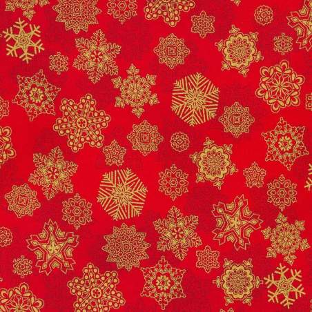 Holiday Flourish-Snow Flower Crimson, Tessuto Rosso Cremisi con Fiocchi di Neve - Robert Kaufman