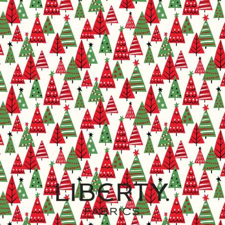 Deck the Halls Yuletide Cheer Happy Forest, Tessuto Verde e Rosso Alberi di Natale - Liberty Fabrics
