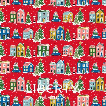 Deck the Halls Yuletide Cheer Holiday Village, Tessuto Rosso Villaggio di Natale - Liberty Fabrics