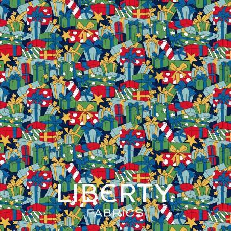 Deck the Halls Yuletide Cheer Present Surprise, Tessuto Blu Regali di Natale - Liberty Fabrics