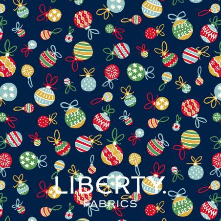 Deck the Halls Yuletide Cheer Tumbling Baubles, Tessuto Blu Palline di Natale - Liberty Fabrics