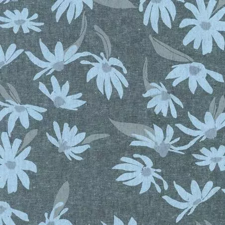 Around the Bend Shale, Tessuto grigio con margherite azzurre - Robert Kaufman