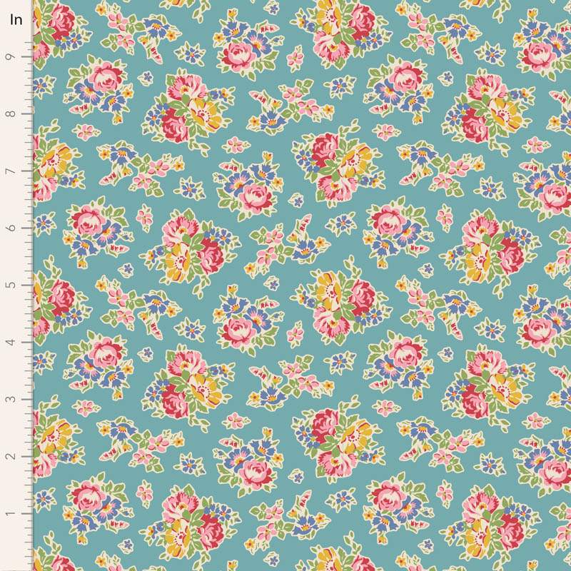Tilda Jubilee Sue Teal, tessuto turchese con fiorellini Tilda Fabrics - 1
