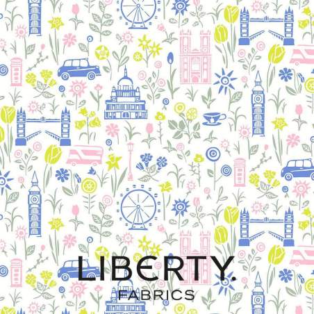 London Parks Collection, Summer in the City, tessuto bianco con stampe pastello di monumenti e fiori - Liberty Fabrics