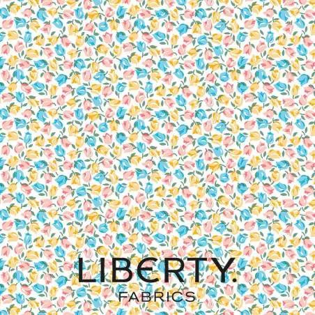 London Parks Collection,Tiny Tulips A, tessuto bianco con piccoli tulipani azzurri, rosa e gialli - Liberty Fabrics