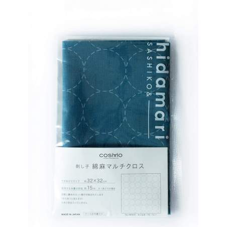 Tessuto Sashiko blu indaco prestampato con disegno Maru-tsunagi da 32 x 32 cm
