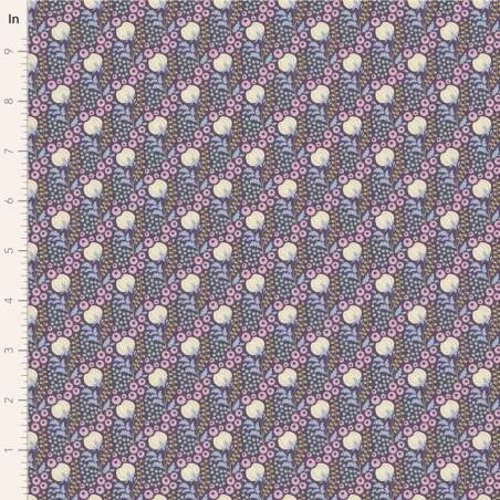 Tilda Sanctuary Cottonfield Eggplant, Tessuto Blu Melanzana con fiori di cotone Tilda Fabrics - 1