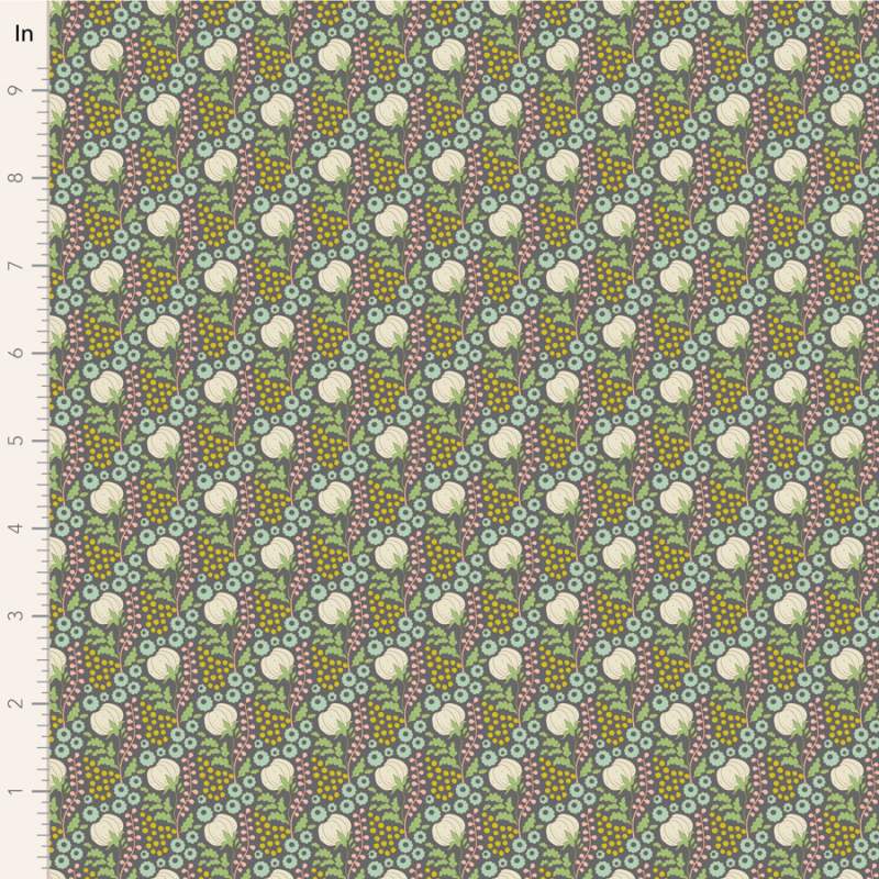 Tilda Sanctuary Cottonfield Greygreen, Tessuto Verde su Grigio con fiori di cotone Tilda Fabrics - 1