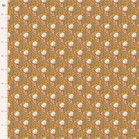 Tilda Sanctuary Cottonfield Ochre, Tessuto Ocra con fiori di cotone