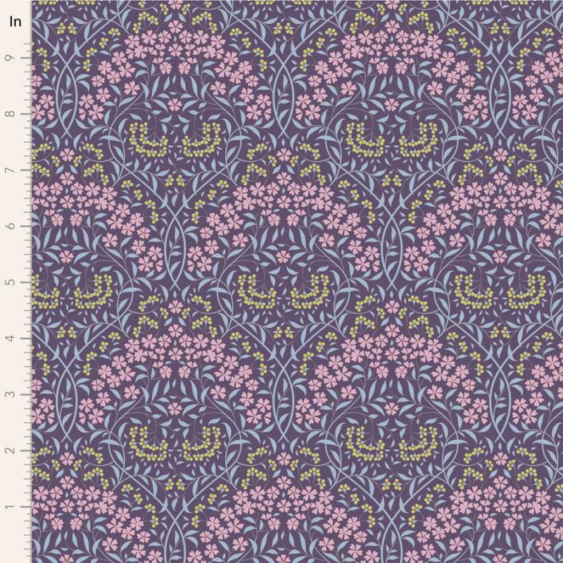 Tilda Sanctuary Larissa Eggplant, Tessuto Blu Melanzana con intreccio di fiori Tilda Fabrics - 1