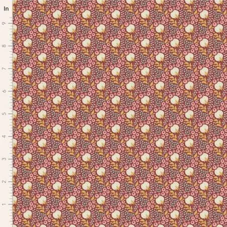 Tilda Sanctuary Cottonfield Maroon, Tessuto Rosso Bordeaux con fiori di cotone