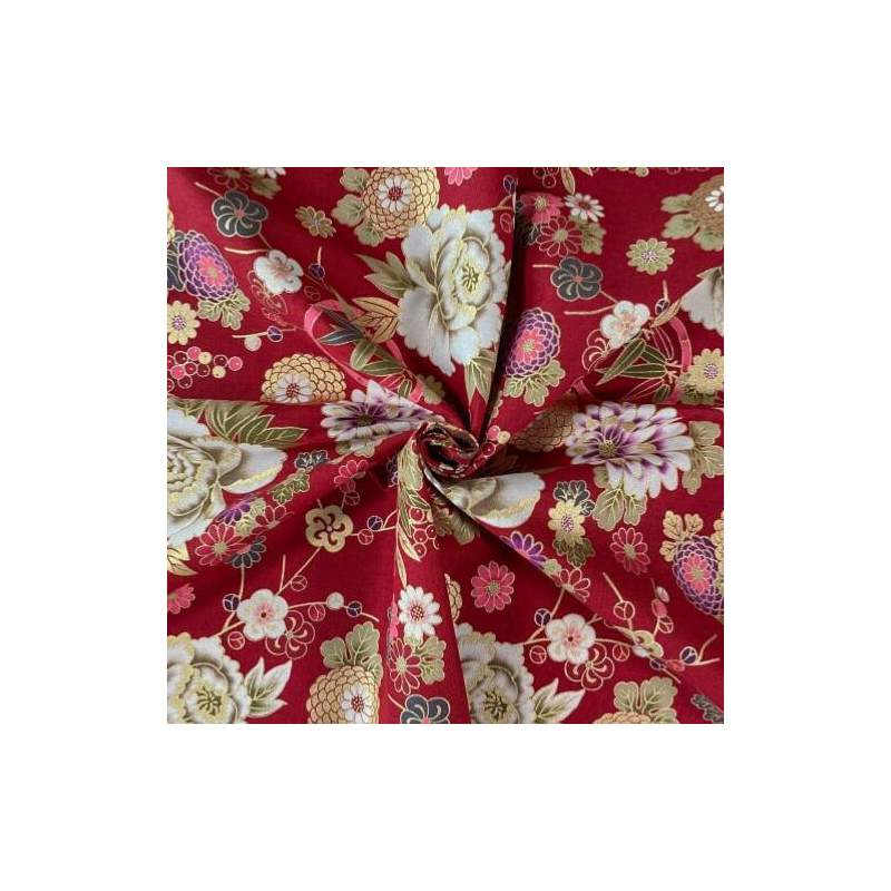Tessuto Giapponese rosso con stampa floreale e dettagli oro - Naka Naka - 1