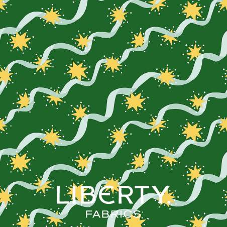 Festive Fair Stars and Ribbons, Tessuto Verde con Stelle e Nastri - Liberty Fabrics