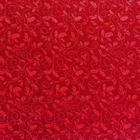 Tessuto natalizio rosso con agrifogli e swirl tono su tono