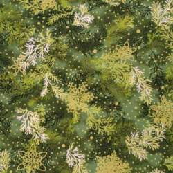Tessuto natalizio verde sfumato con rametti spogli e fiocchi di neve e pois oro Roberta De Marchi - 1