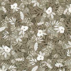 Tessuto invernale tortora con fiori, foglie e fiocchi di neve - Snowy Fable, Taupe