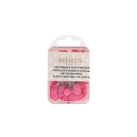 Bohin, Spilli Super Fini con Testa in Plastica Fucsia a Pastiglia per Patchwork e Quilting da 42 x 0,55 mm - 100pz