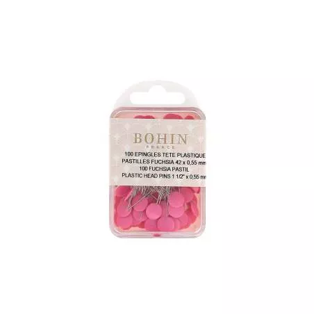 Bohin, Spilli Super Fini con Testa in Plastica Fucsia a Pastiglia per Patchwork e Quilting da 42 x 0,55 mm - 100pz